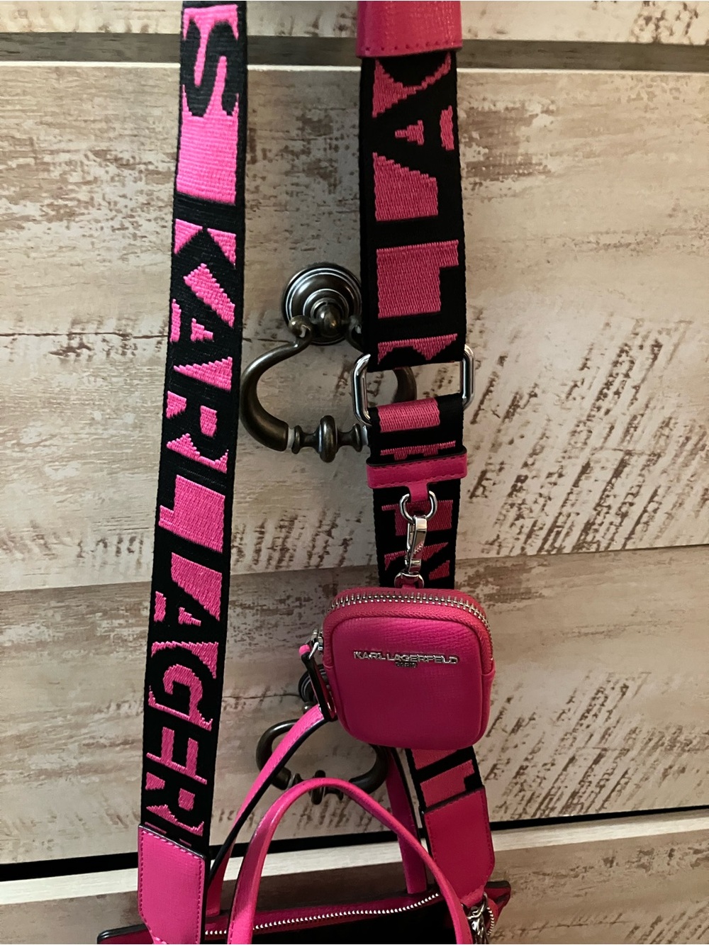 Karl Lagerfeld Hot Pink and Black Logo Strap Crossbody with Mini Pouch